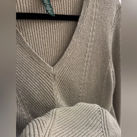Lauren Ralph Lauren Gold Metallic V-Neck Sweater XL Shimmer Ribbed Knit - Picture 5 of 11